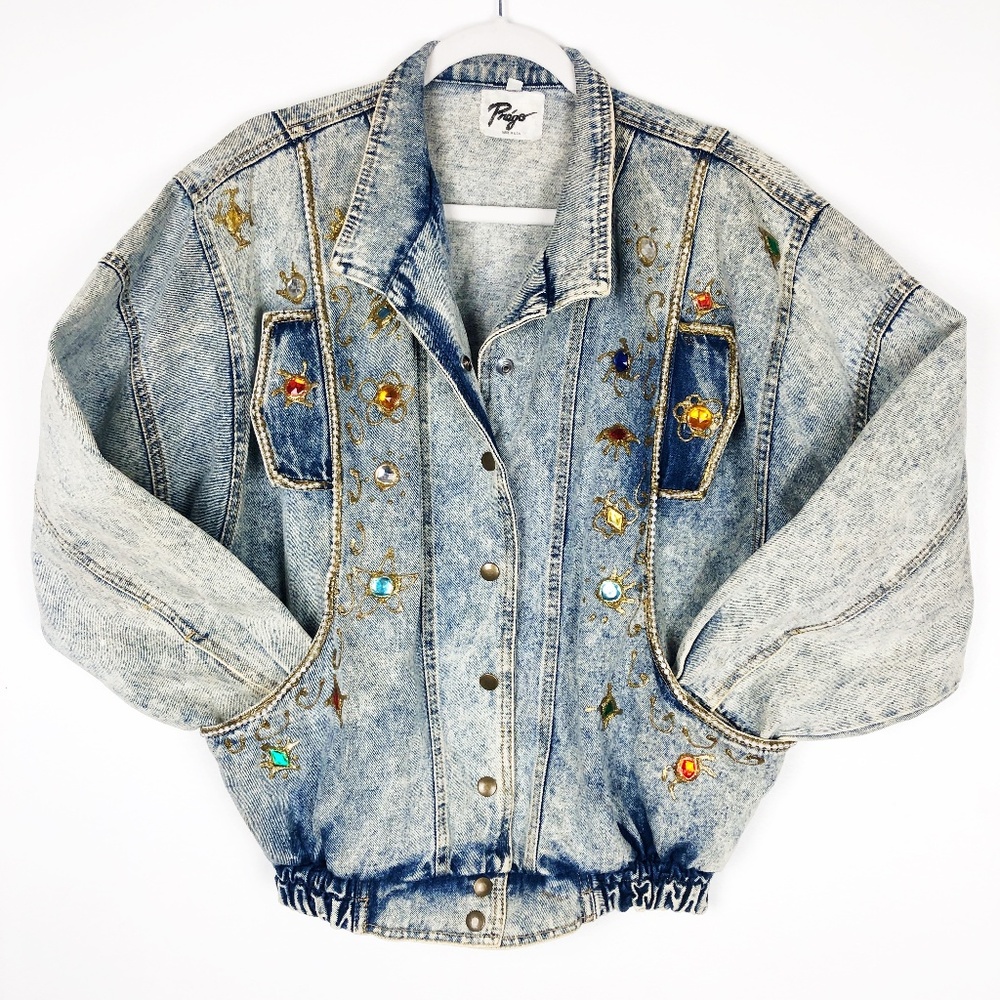 VTG 80's Acid Wash Bejeweled Denim Jacket